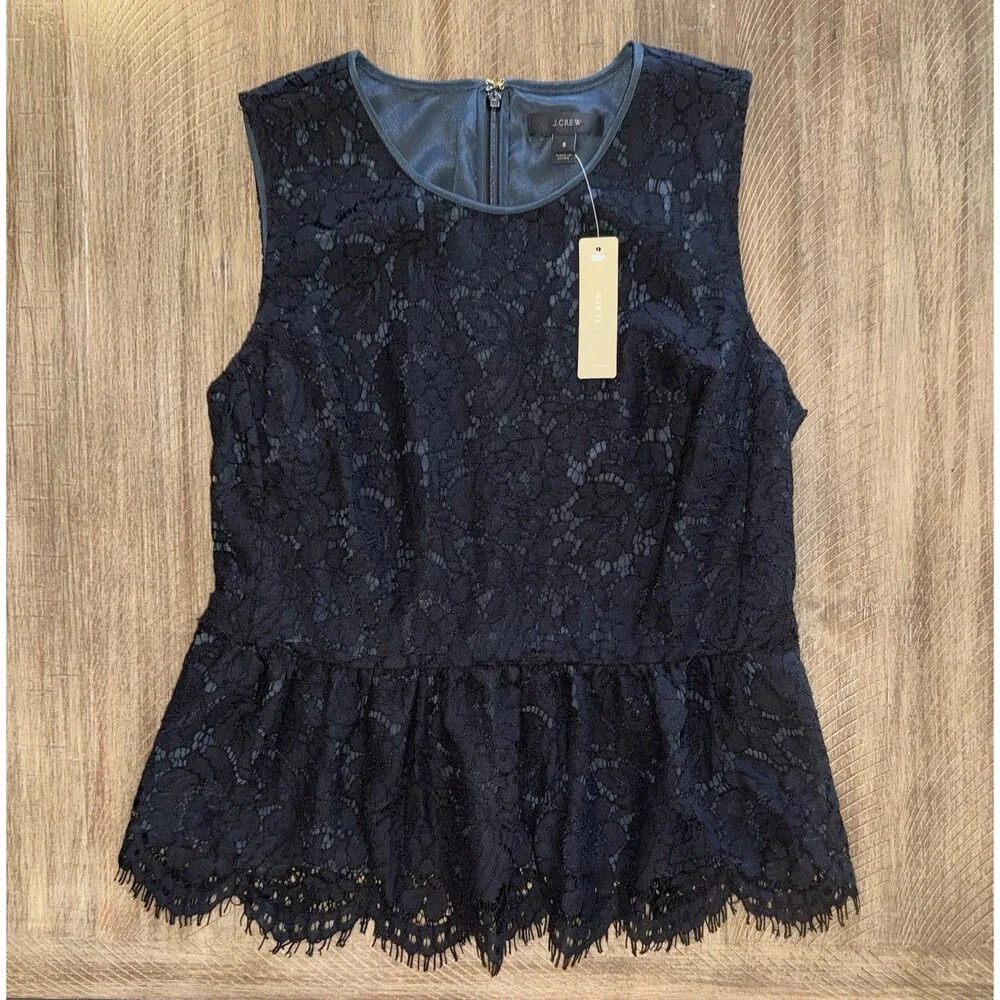 NWT J. Crew Black Lace Sleeveless Peplum Top Chic Blouse Women’s Size 8 NEW $88